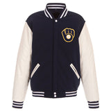 Milwaukee Brewers - JH Design Reversible Fleece Jacket with Faux Leather Sleeves - Navy/White