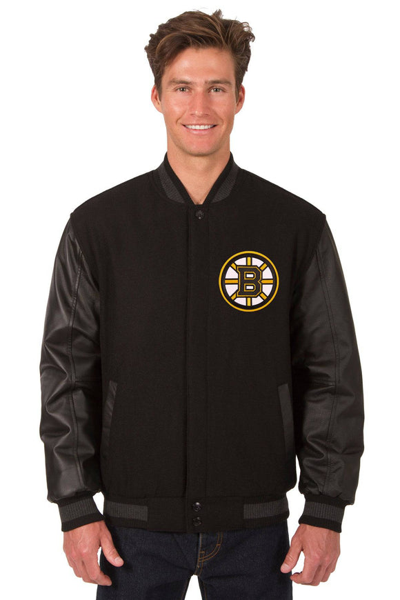 Boston Bruins Wool & Leather Reversible Jacket w/ Embroidered Logos - Black