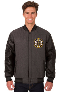 Boston Bruins Wool & Leather Reversible Jacket w/ Embroidered Logos - Charcoal/Black