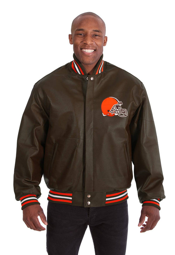 Cleveland Browns Handmade Full Leather Snap Jacket - Brown