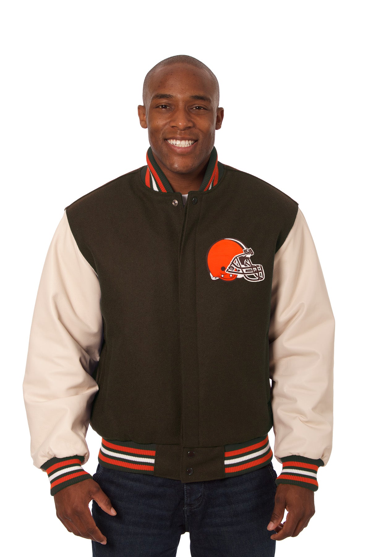 Cleveland Browns Domestic Two-Tone Handmade Wool and Leather Jacket-Brown/Cream 5X-Large