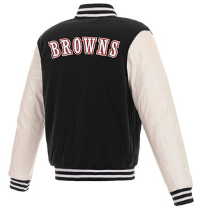 Cleveland Browns - JH Design Reversible Fleece Jacket with Faux Leather Sleeves - Black/White