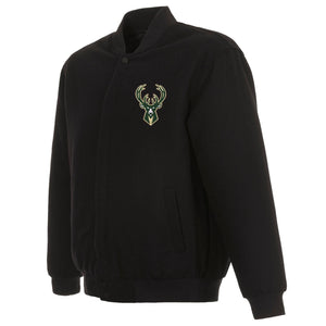 Milwaukee Bucks Reversible Wool Jacket -  Embroidered Logos JH Design Black