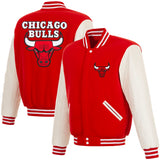 Chicago Bulls - JH Design Reversible Fleece Jacket with Faux Leather Sleeves - Red/White - J.H. Sports Jackets