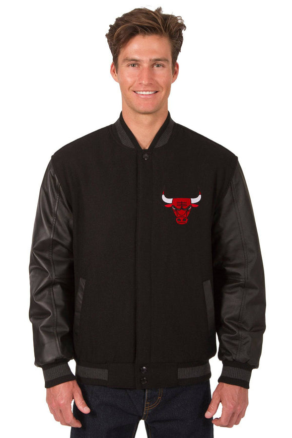 Chicago Bulls Wool & Leather Reversible Jacket w/ Embroidered Logos - Black