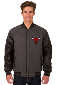 Chicago Bulls Wool & Leather Reversible Jacket w/ Embroidered Logos - Charcoal/Black