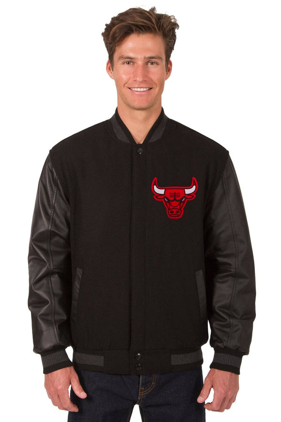 Chicago Bulls Wool & Leather Reversible Jacket w/ Embroidered Logos - Black