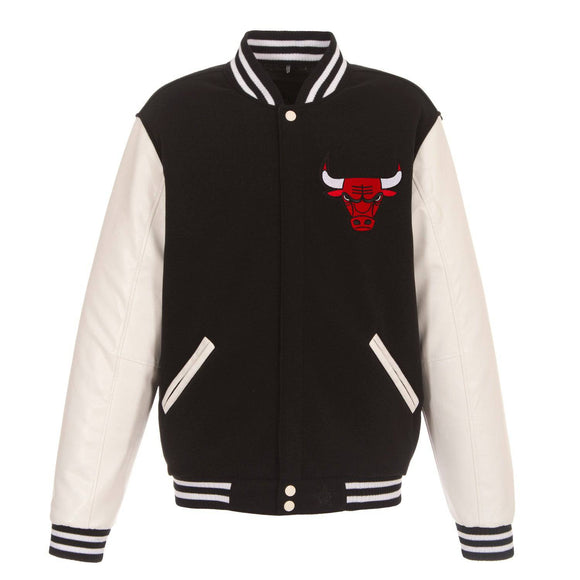 Chicago Bulls - JH Design Reversible Fleece Jacket with Faux Leather Sleeves - Black/White