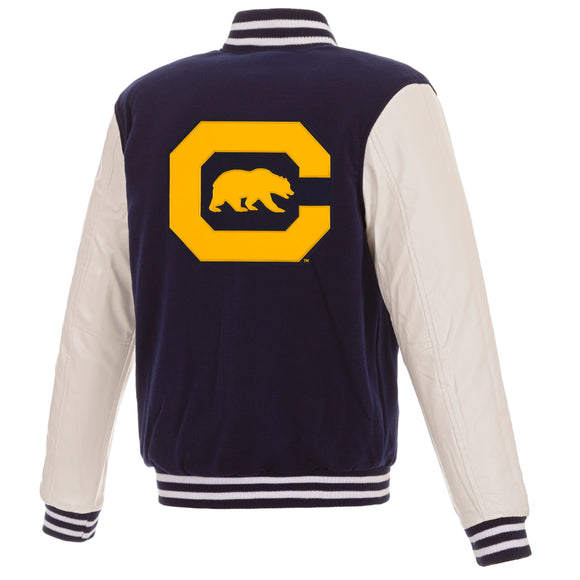 California Golden Bears JH Design Reversible Fleece Jacket with Faux Leather Sleeves - Navy/White - J.H. Sports Jackets