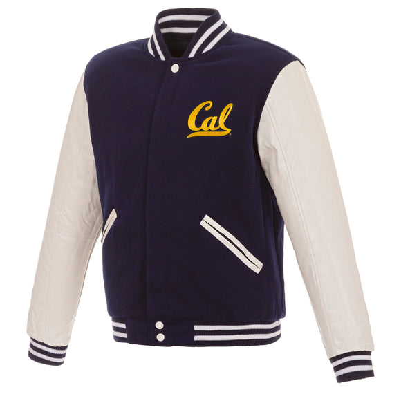 California Golden Bears JH Design Reversible Fleece Jacket with Faux Leather Sleeves - Navy/White - J.H. Sports Jackets