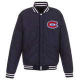 Montreal Canadiens - JH Design Reversible Fleece Jacket with Faux Leather Sleeves - Navy/White