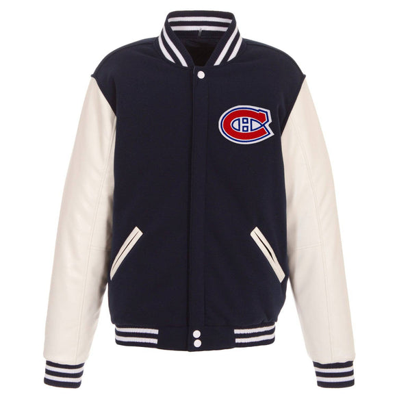 Montreal Canadiens JH Design Reversible Fleece Jacket with Faux Leather Sleeves - Navy/White