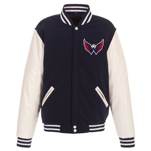 Washington Capitals JH Design Reversible Fleece Jacket with Faux Leather Sleeves - Navy/White