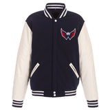 Washington Capitals JH Design Reversible Fleece Jacket with Faux Leather Sleeves - Navy/White