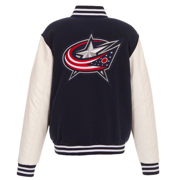 Columbus Blue Jackets - JH Design Reversible Fleece Jacket with Faux Leather Sleeves - Navy/White