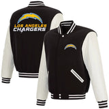 Los Angeles Chargers Reversible Fleece Jacket with Faux Leather Sleeves - Black/White - J.H. Sports Jackets