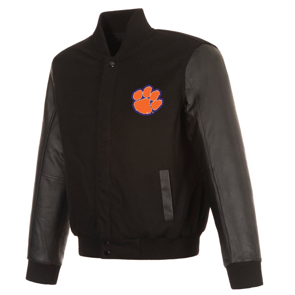 Clemson Tigers Wool & Leather Reversible Jacket w/ Embroidered Logos - Black - J.H. Sports Jackets