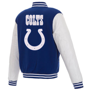 Indianapolis Colts - JH Design Reversible Fleece Jacket with Faux Leather Sleeves - Royal/White