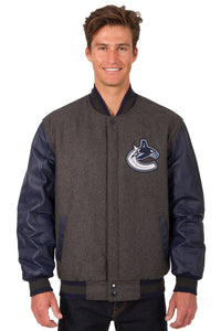 Vancouver Canucks Wool & Leather Reversible Jacket w/ Embroidered Logos - Charcoal/Navy