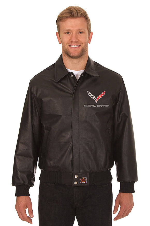 Corvette Embroidered Leather Bomber Jacket - Black