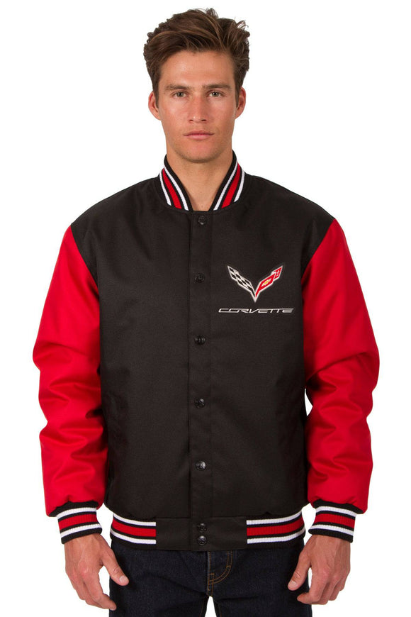 GM. Corvette Poly Twill Varsity Jacket - Black/Red. JH Design