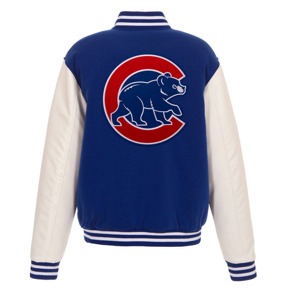 Chicago Cubs - JH Design Reversible Fleece Jacket with Faux Leather Sleeves - Royal/White