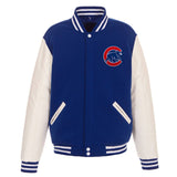 Chicago Cubs - JH Design Reversible Fleece Jacket with Faux Leather Sleeves - Royal/White