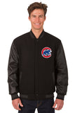 Chicago Cubs Wool & Leather Reversible Jacket w/ Embroidered Logos - Black