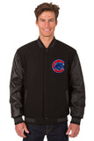 Chicago Cubs Wool & Leather Reversible Jacket w/ Embroidered Logos - Black