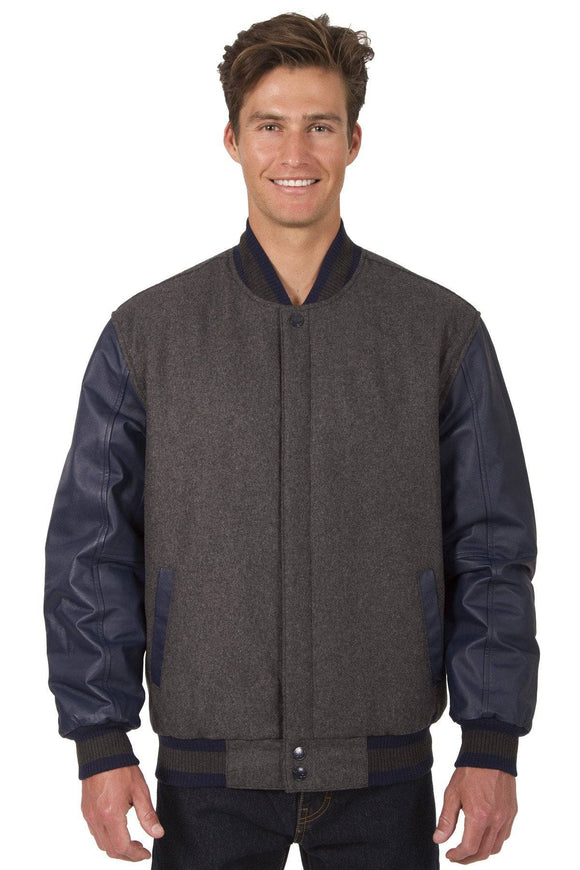 JH Design - Wool and Leather Varsity Jacket - Reversible - Charcoal/Navy