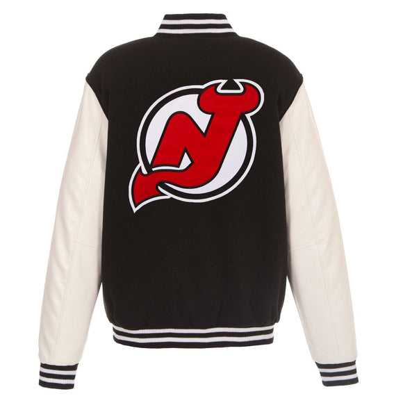 New Jersey Devils - JH Design Reversible Fleece Jacket with Faux Leather Sleeves - Black/White