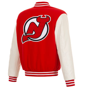 New Jersey Devils  - JH Design Reversible Fleece Jacket with Faux Leather Sleeves - Red/White - J.H. Sports Jackets