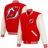 New Jersey Devils  - JH Design Reversible Fleece Jacket with Faux Leather Sleeves - Red/White - J.H. Sports Jackets