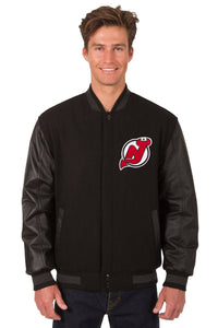 New Jersey Devils Wool & Leather Reversible Jacket w/ Embroidered Logos - Black