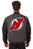 New Jersey Devils Wool & Leather Reversible Jacket w/ Embroidered Logos - Charcoal/Black