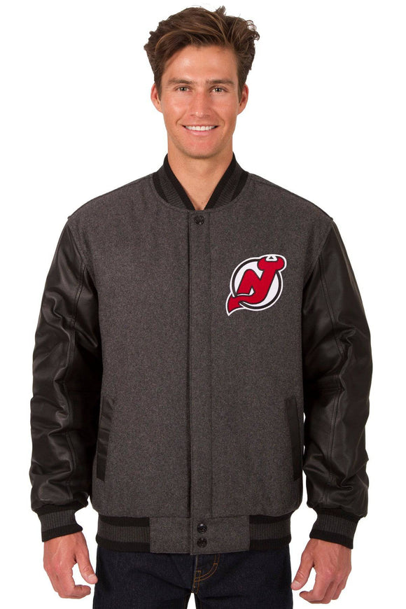 New Jersey Devils Wool & Leather Reversible Jacket w/ Embroidered Logos - Charcoal/Black