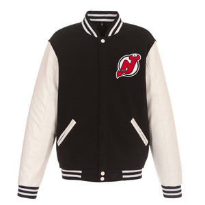 New Jersey Devils JH Design Reversible Fleece Jacket with Faux Leather Sleeves - Black/White