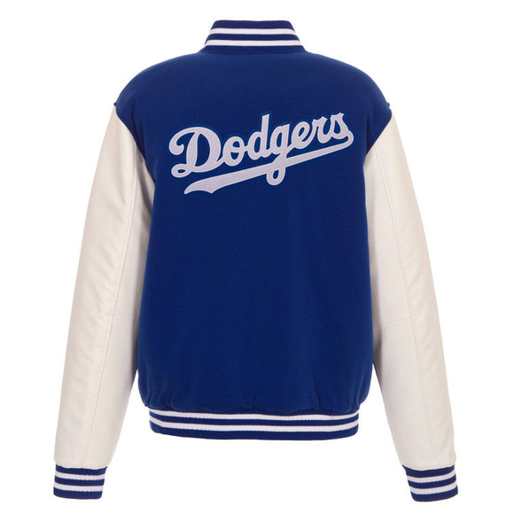 Los Angeles Dodgers - JH Design Reversible Fleece Jacket with Faux Leather Sleeves - Royal/White