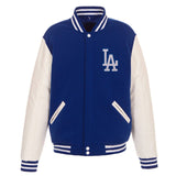 Los Angeles Dodgers - JH Design Reversible Fleece Jacket with Faux Leather Sleeves - Royal/White