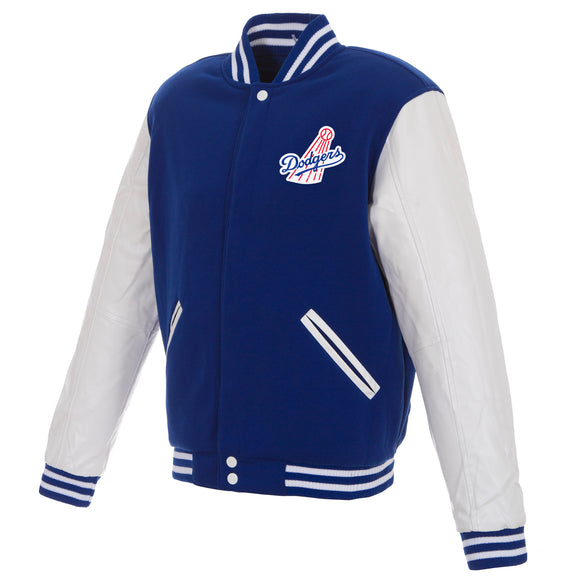 Los Angeles Dodgers Reversible Fleece Jacket with Faux Leather Sleeves, Royal/White Vintage Logos