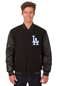 Los Angeles Dodgers Wool & Leather Reversible Jacket w/ Embroidered Logos - Black