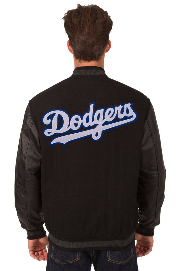 Los Angeles Dodgers Wool & Leather Reversible Jacket w/ Embroidered Logos - Black