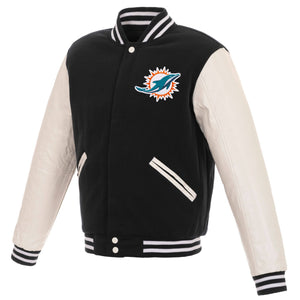 Miami Dolphins - JH Design Reversible Fleece Jacket with Faux Leather Sleeves - Black/White