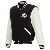Miami Dolphins Reversible Fleece Jacket with Faux Leather Sleeves - Black/White - J.H. Sports Jackets