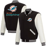 Miami Dolphins Reversible Fleece Jacket with Faux Leather Sleeves - Black/White - J.H. Sports Jackets