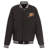 Anaheim Ducks JH Design Reversible Fleece Jacket with Faux Leather Sleeves - Black/White