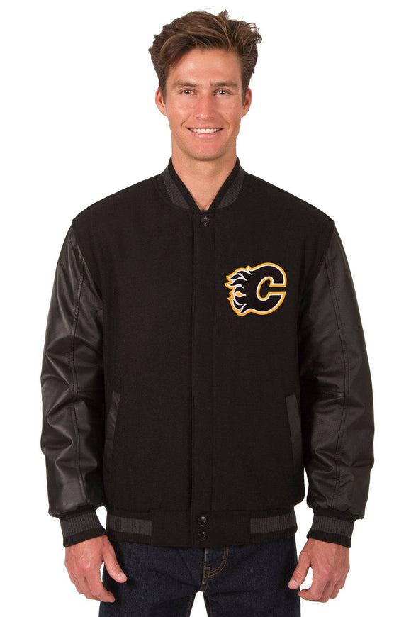 Calgary Flames Wool & Leather Reversible Jacket w/ Embroidered Logos - Black