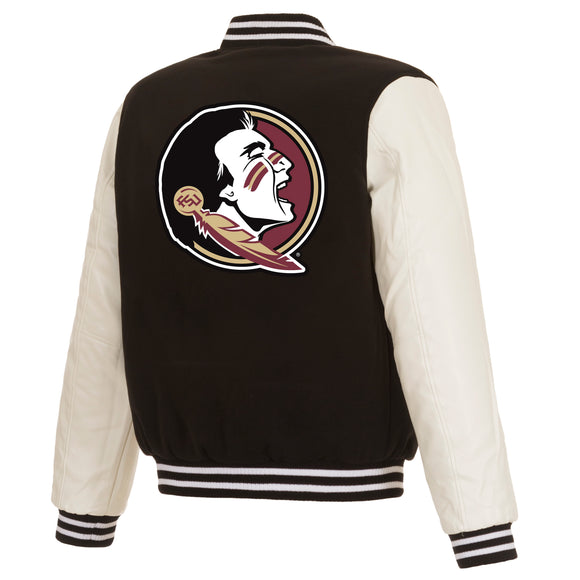 Florida State Seminoles JH Design Reversible Fleece Jacket with Faux Leather Sleeves - Black/White - J.H. Sports Jackets