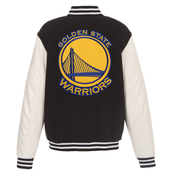 Golden State Warriors- JH Design Reversible Fleece Jacket with Faux Leather Sleeves - Black/White