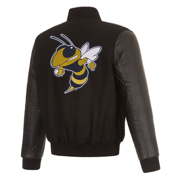 Georgia Tech Yellow Jackets Wool & Leather Reversible Jacket w/ Embroidered Logos - Black - J.H. Sports Jackets